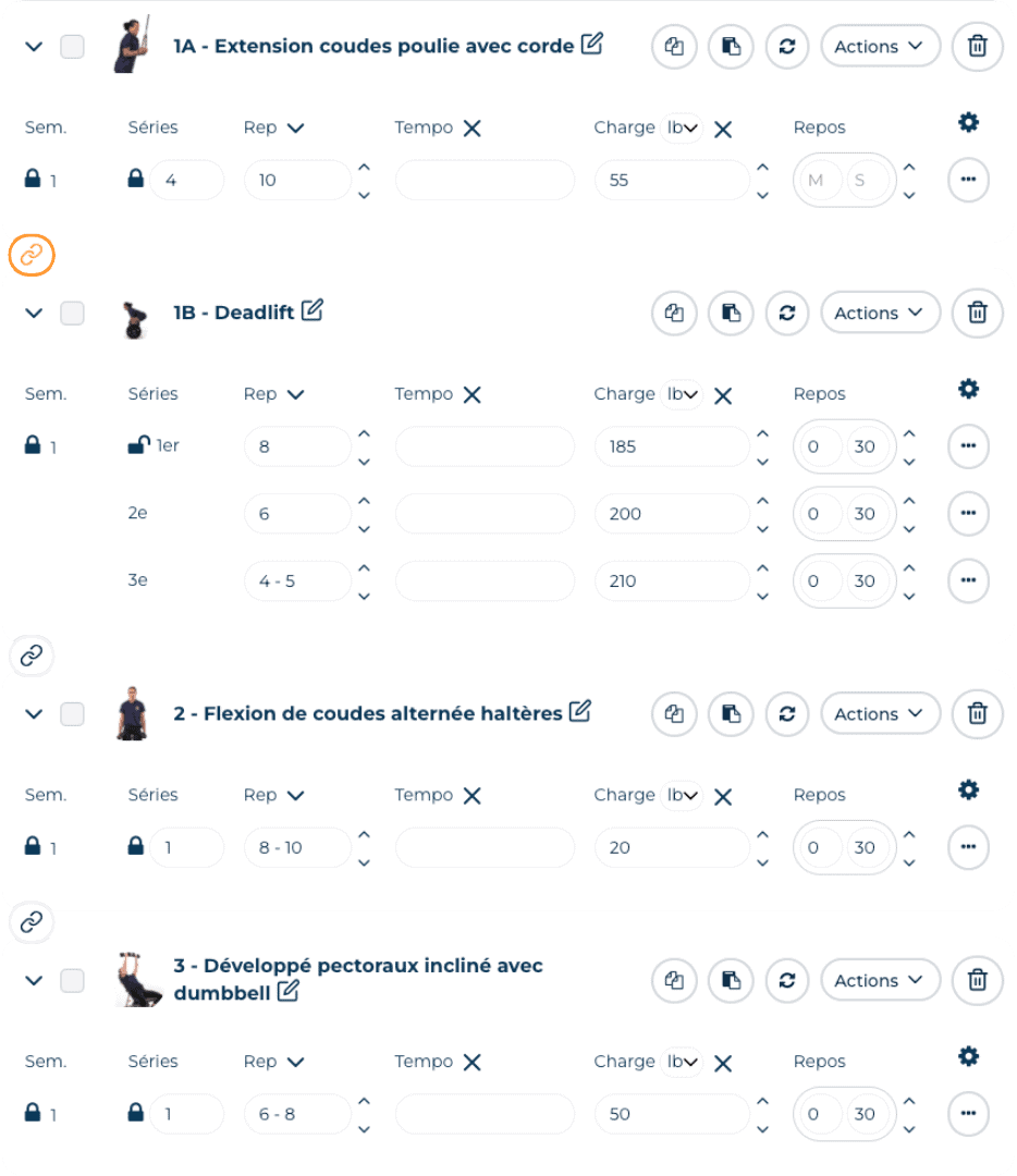 Création de programmes d'entraînement rapide et intuitive dans Hexfit, glisser-déposer des exercices, duplication facile.