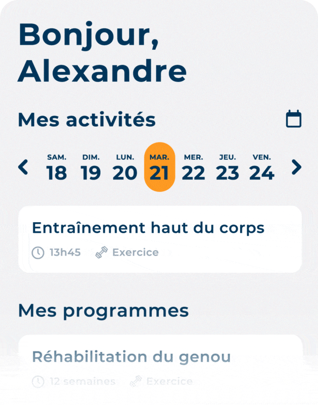 Application mobile Hexfit pour le suivi des clients et la communication avec leur professionnel.