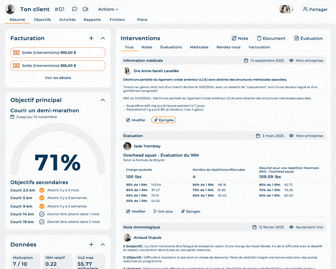 Dossier client complet dans Hexfit avec bilans, objectifs, notes professionnelles, tests physiques, documents et rendez-vous.