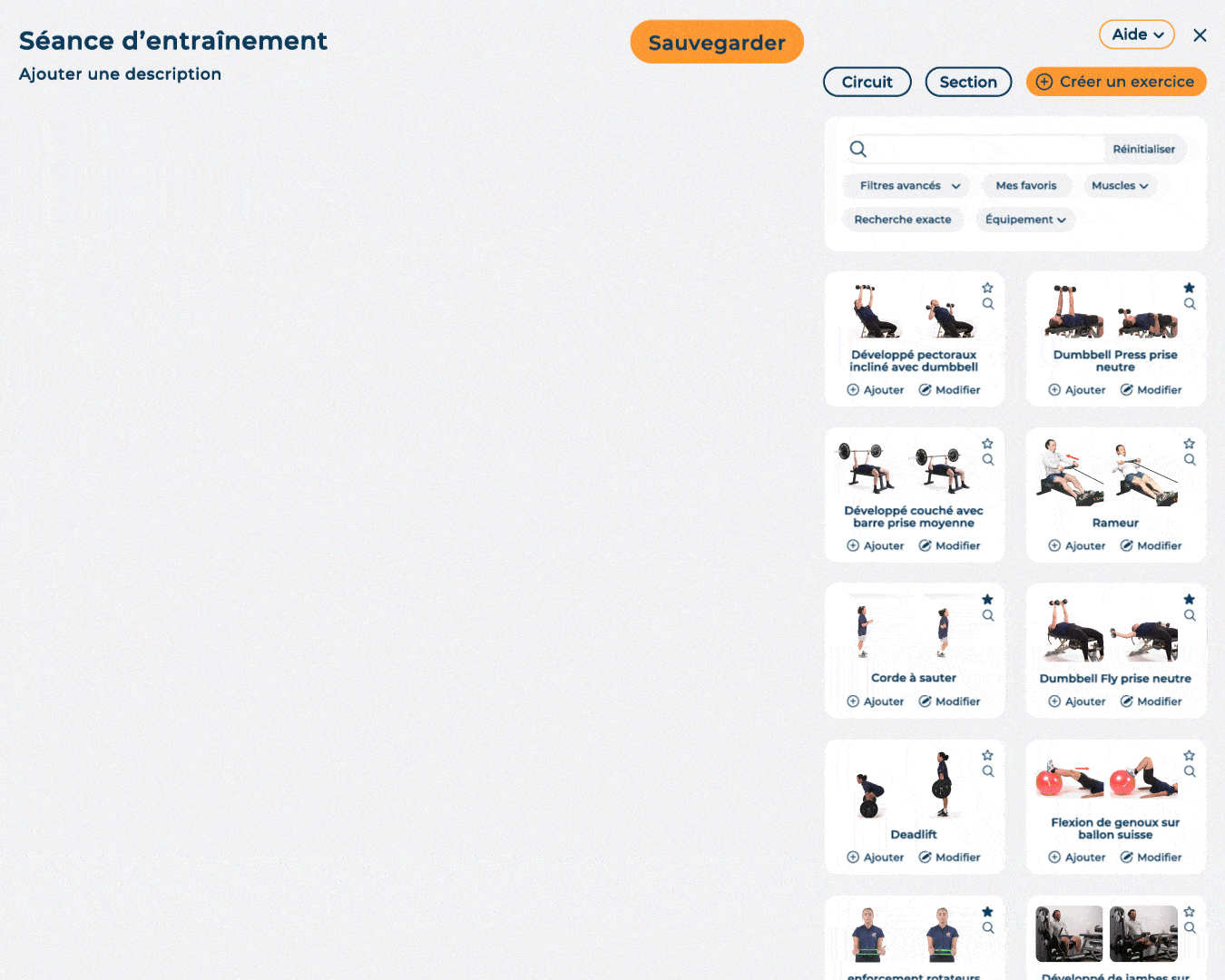 Création d’un programme d’entraînement personnalisé dans le logiciel Hexfit pour les professionnels de la santé et du sport.