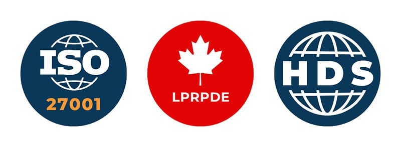 Logos des certifications en lien avec la sécurité des données dans le logiciel Hexfit. ISO27001, PIPEDA, HDS