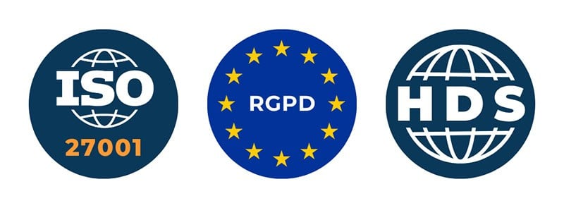 Logos des certifications en lien avec la sécurité des données dans le logiciel Hexfit. ISO27001, RGPD, HDS